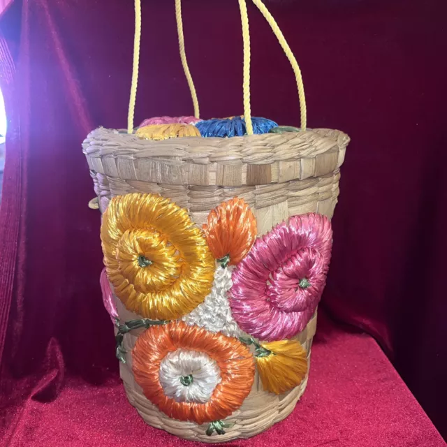 VTG 60s Boho Chic Handmade Round Raffia Straw Woven Beach Bag Tote Purse, Nice