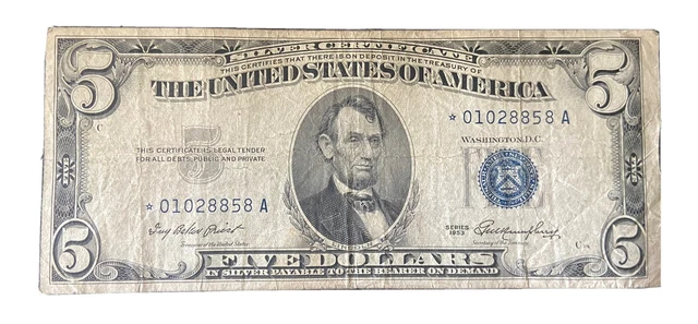 1953 Series Five Dollar Silver Certificate Note $5 Bill * STAR NOTE Blue Seal