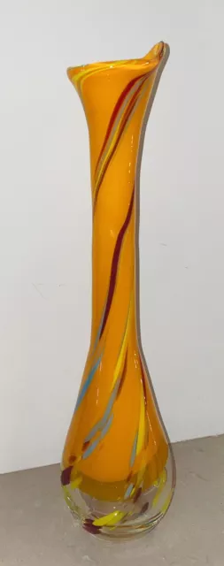 Murano Style Hand Blown Orange Yellow Red Splatter Clear Art Glass Stretch Vase