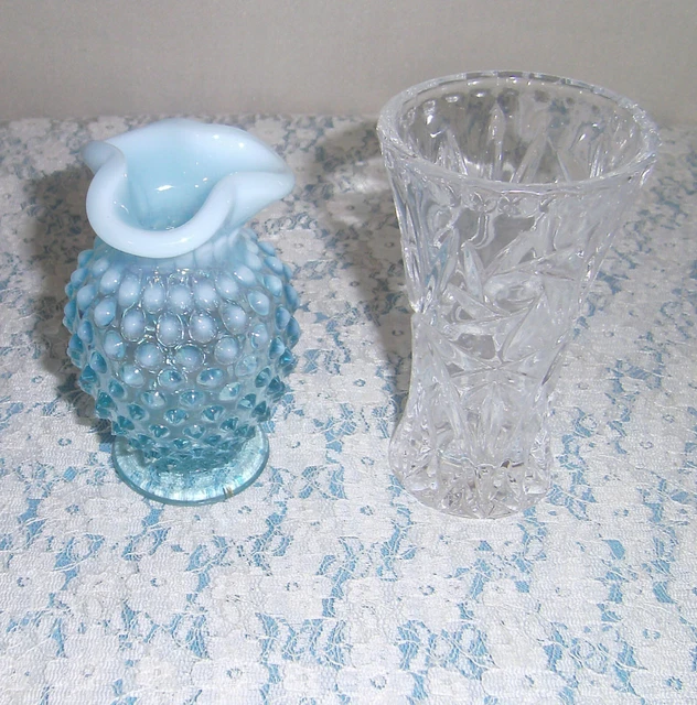 Vintage Mini Vases Lot - Blue Opalescent Hobnail  & Clear Cut Glass
