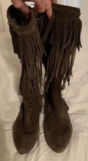 Sam Edelman Womens Boots Size 7.5 M Brown Leather Suede Tall Over Calf Fringe