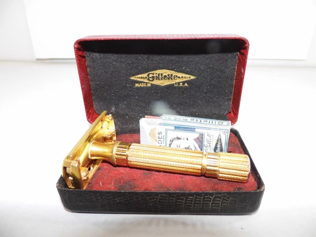 Vintage GILLETTE Gold Tone RAZOR SHAVING SET W/ Blade Case & Box , exc.+