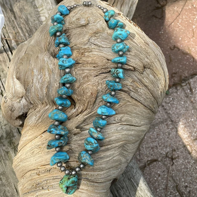 Vintage Navajo Turquoise Nuggets Silver Necklace Native American Jewelry 19” L