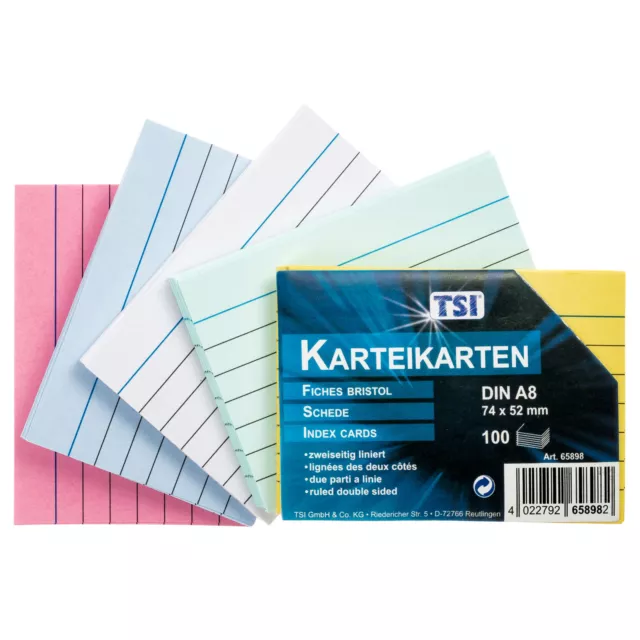 TSI 100x Karteikarten A8 beidseitig liniert farbig DIN A8 74x52 mm 170 g/qm neu