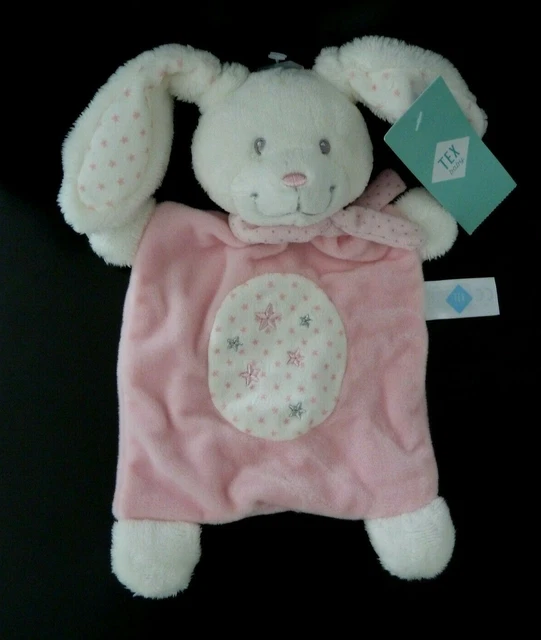 Y7 - Doudou Plat Tex Baby Lapin Rose Blanc Etoile Argent Echarpe  Neuf Etiquette