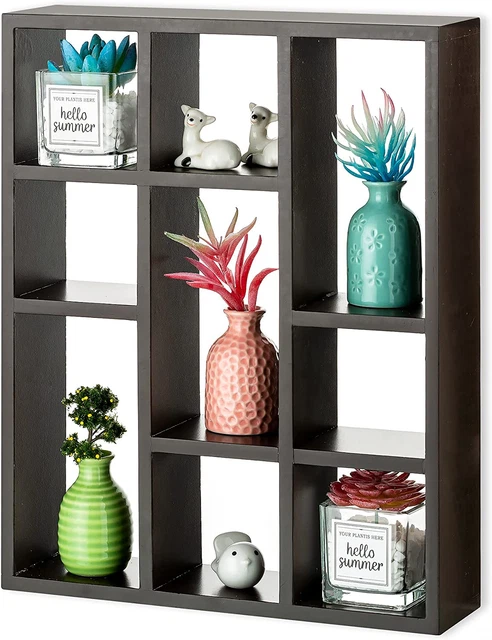 Wood Floating Shelves 9-Compartment Small Hanging Display Shelf - Rustic Wall Mo