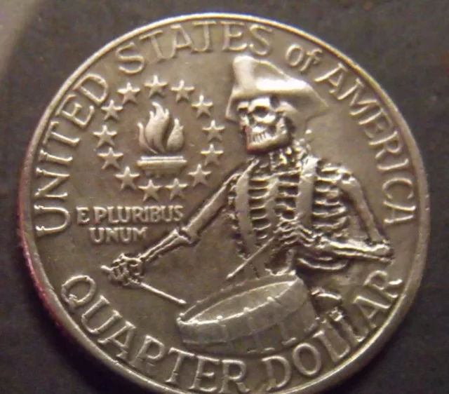 Hand Carved  Hobo nickel quarter drummerboy Half n Half  Skull Skeleton unsigned