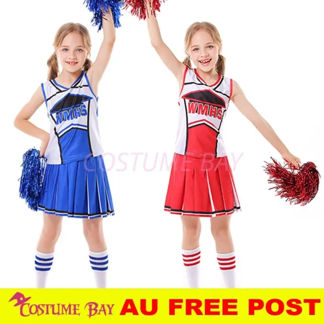 Girls Glee Cheerleader Costume FREE PomPoms Fancy Dress Book Week Sports Uniform
