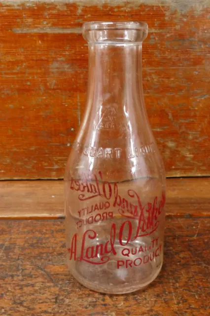 Vintage Original Land O Lakes Quality Products Dairy One Quart Glass Milk Bottle