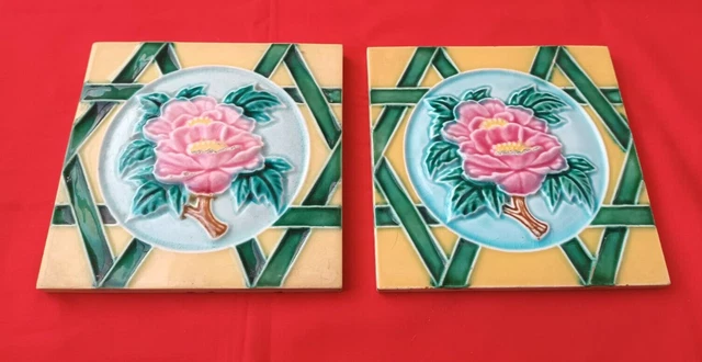 2 Piece Old Art Embossed Flower Design Majolica Ceramic Tiles Japan 0081 3