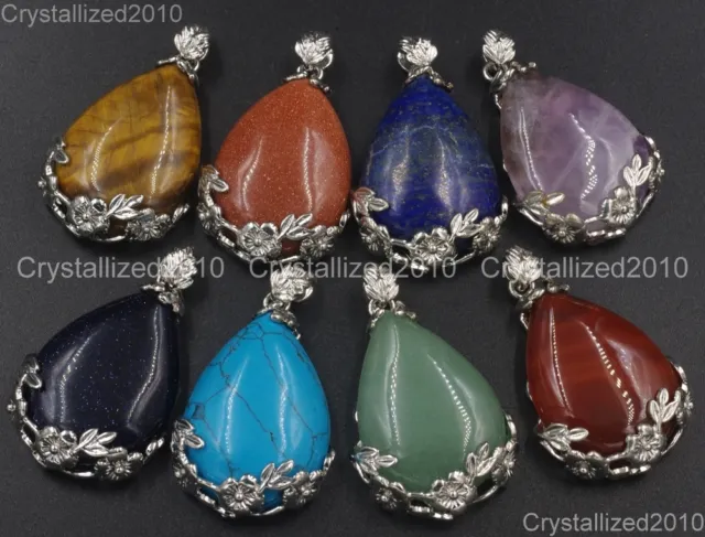 Natural Gemstones Inlaid Flower Teardrop Drop Reiki Chakra Healing Pendant Beads