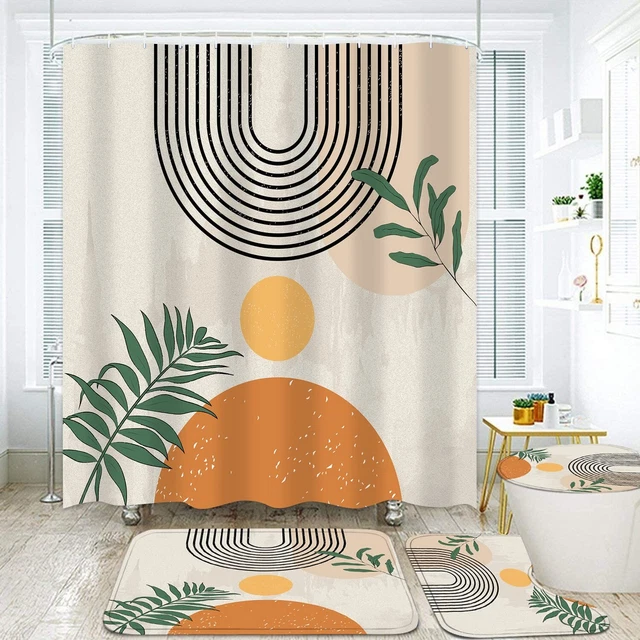 Mid Century Shower Curtain Set Boho Shower Curtain Set with Rugs,Abstract