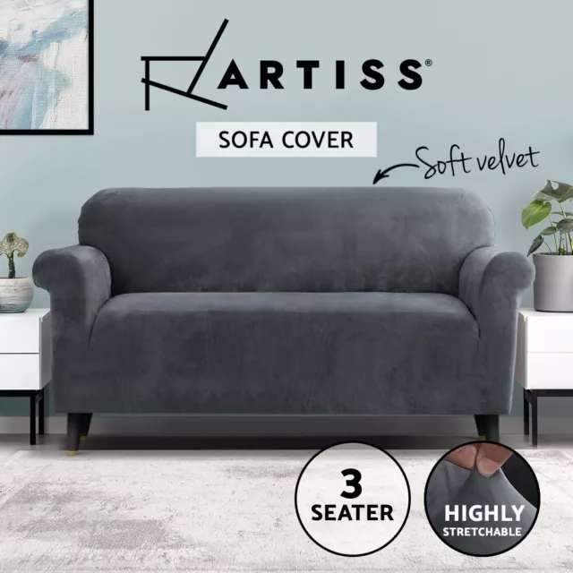 Artiss Sofa Cover Couch Slipcover 3 Seater Velvet Lounge Protector Grey