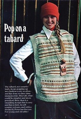 ~ Patrón de tejido laminado 1977 para tabard acogedor colorido para dama ~ 32"" ~ 42""