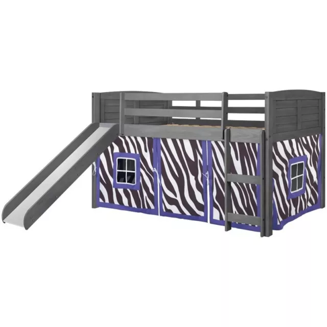 Donco Kids Louver Twin Solid Wood Low Slide Loft Bed with Zebra Tent in Gray