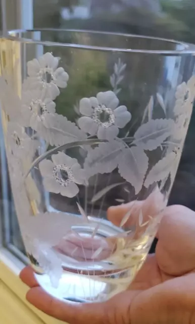 Heavy Etched Cut Glass Vase Florals Leaves Artist Signed Fine Quality 7 inch