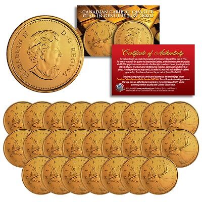 2005 Canadian Caribou Quarter UNC Queen Elizabeth II 24K GOLD Plated - Lot of 25
