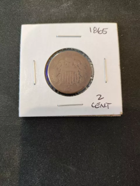 1865 2 Two Cent Piece Us Type Coin Copper. Nice Looking Coin, Clean Date!