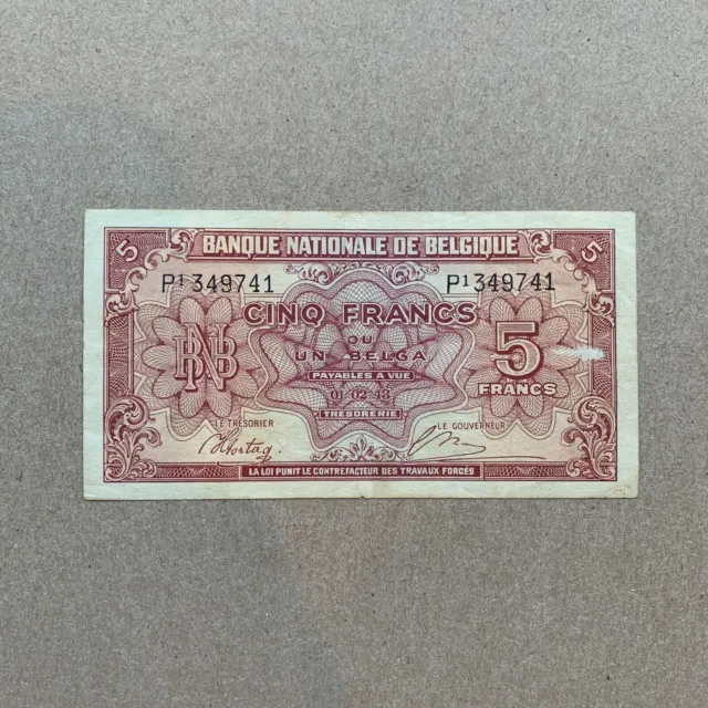 BELGIUM 5 FRANCS BANKNOTE 1943 WWII WW2 BELGIQUE Currency World War Two Belgie