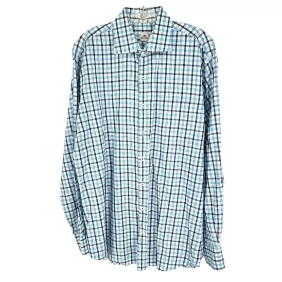 Peter Millar Long Sleeve Button Front Shirt L Blue White Check Plaid 100% Cotton