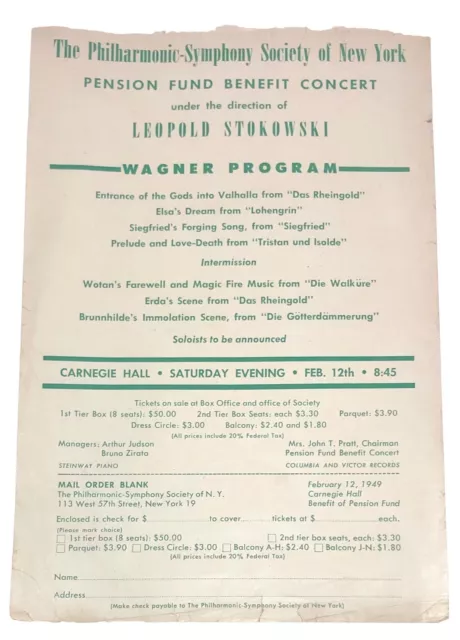 Vtg 1949 Program Philharmonic Symphony NY Pension Fund Concert Leopold Stokowski