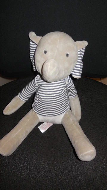 doudou peluche éléphant gris rayé bleu blanc OBAIBI 25cm assis - état NEUF - 2x