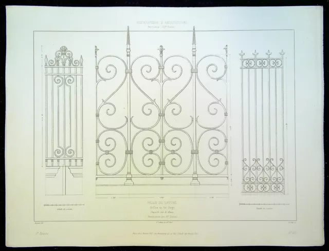 Ancienne Gravure d'Architecture Palais du Louvre grille en fer forgé