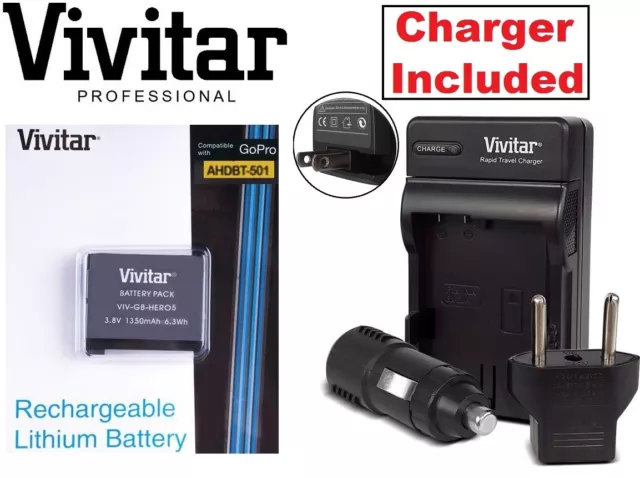 Li-Ion AHDBT-501 Vivitar Battery & Charger For GoPro Hero5 Hero-5 Hero6 Hero-6