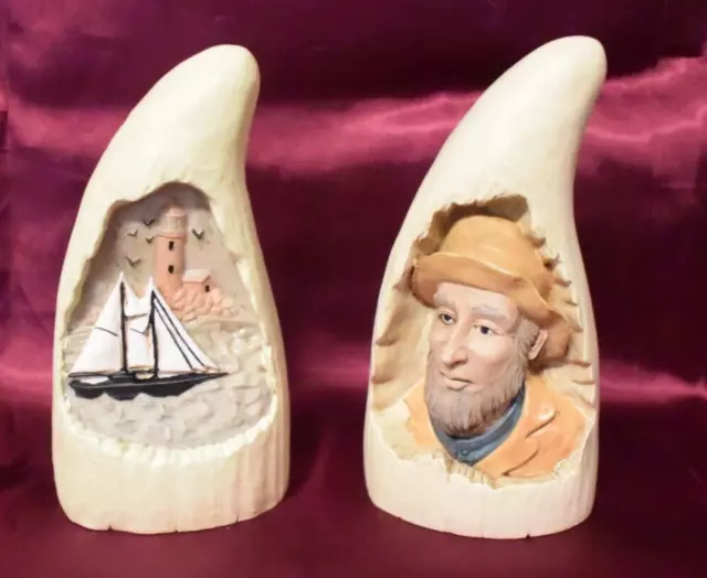 Fisherman, Boat Ship & Lighthouse Resin Shark Tooth B.I.I  1997  Lot of 2