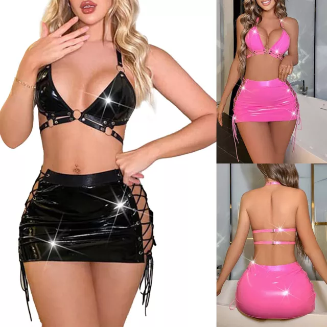 Set lingerie donna sexy wetlook ecopelle reggiseno con minigonna set party clubwear