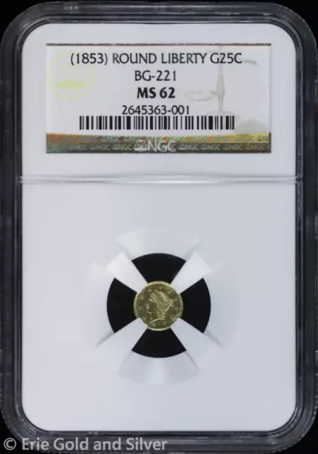1853 25C Small Liberty Head Round Gold Quarter Dollar NGC MS 62 | BG-221 UNC