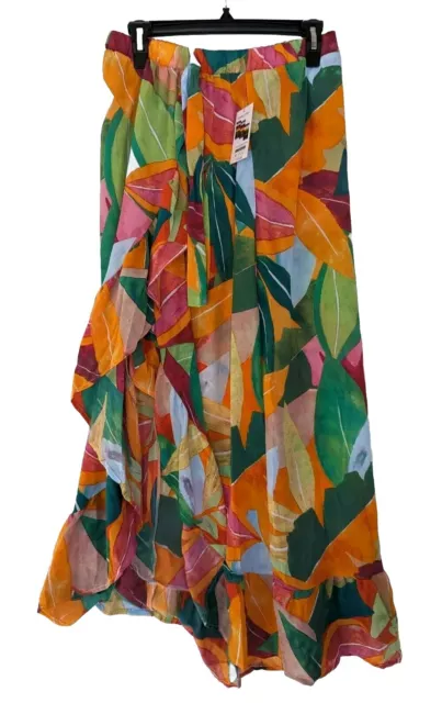 Time & Tru Cover Up Women’s  M Maxi Ruffle Trim Skirt Tropical Floral Multicolor