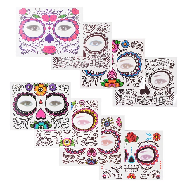 8 Hojas Pegatinas de Esqueleto de Halloween Día de Muertos Pegatinas de Maquillaje