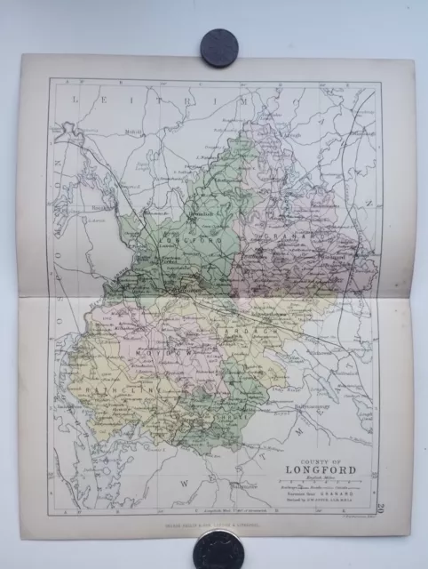 Antique County Map of  LONGFORD, Ireland - Phillips Handy Atlas , 1882