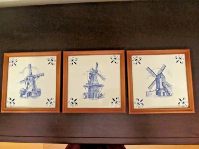 Vintage Lot of 3 Framed Delft Schoonhoven Holland Windmill Tiles