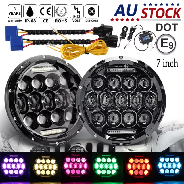 7" INCH LED HEADLIGHTS RGB HALO HIGH LOW BEAM PROJECTOR FOR Jeep JK GQ PATROL