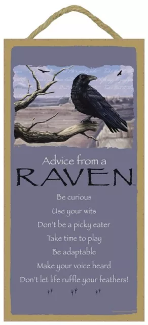 ADVICE FROM A RAVEN Primitive Wood Hanging Sign 5" x 10"