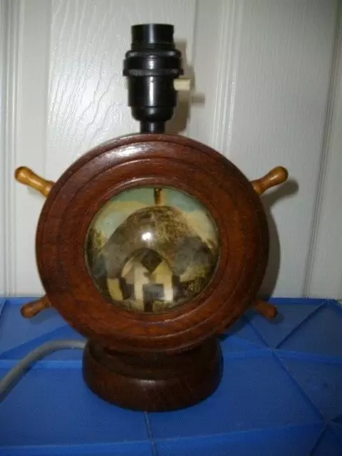 Vintage Wooden Nautical Ships Wheel Lamp with Cottage Picture ~ Working