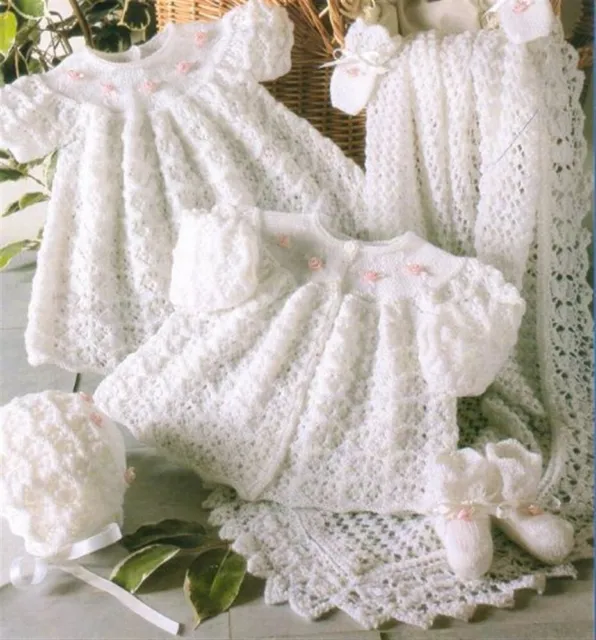 Baby Knitting pattern Premmie copy dress & matinee coat bonnet booties 3 Ply