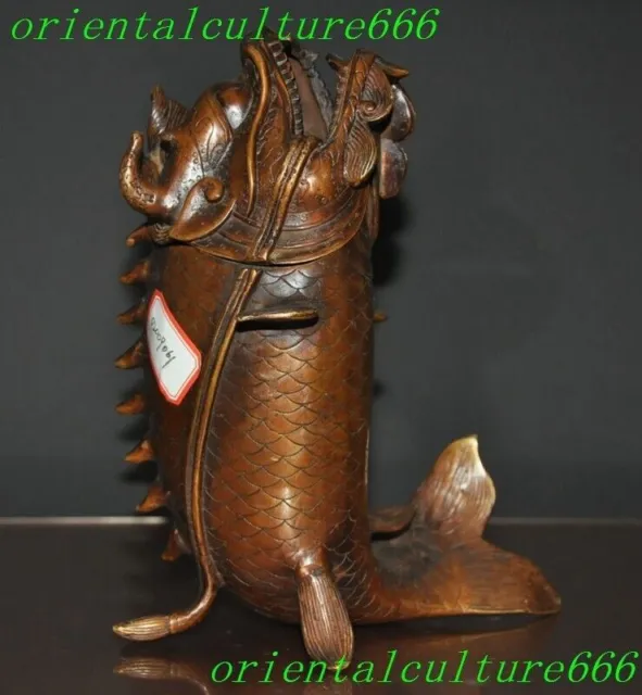 8"China bronze Feng shui wealth animal arowana loong fish Incense burner Censer