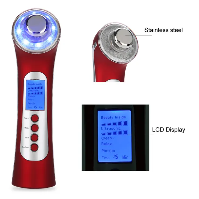 (Rosso) 5in1 macchina di bellezza ad ultrasuoni massaggiatore per terapia fotonica cura della pelle BST