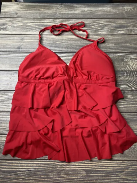 Vintage Womens Swimsuit Catalina Red Ruffled Tankini Top Tie Back Closure XL