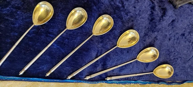 6 Stück Russische Silberlöffel Teelöffel vergoldet antik, Monogramm "PG"
