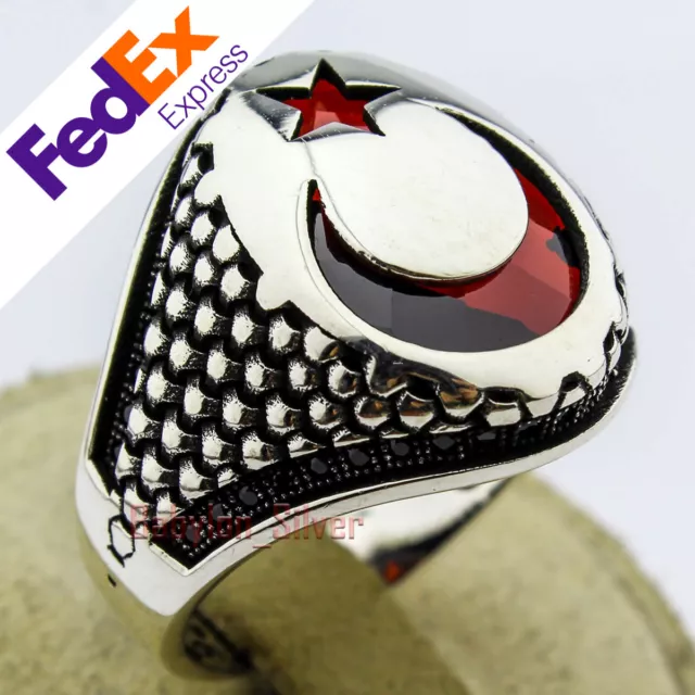 925 Sterling Silver Faceted Ruby Stone Turkish Handmade Men's Ring All Sizes