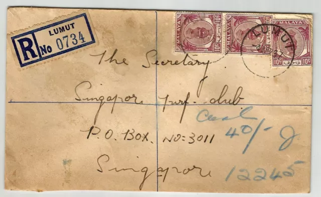 Malaya 1957 Registered cover LUMUT sent to Singapore, with Singapore and Ipoh ca