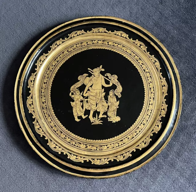 Early 20th Century Burmese Black Lacquered Mandalay Gold Leaf Deity Scene Plate