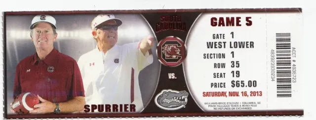 2013 South Carolina Gamecocks Vs Florida Gators Ticket Stub 11/16 Steve Spurrier
