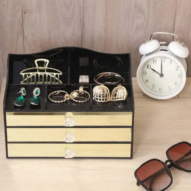 Black Jewelry Box, Brass Tone Storage Drawer Organizer w/ Jewelry Tray Liners