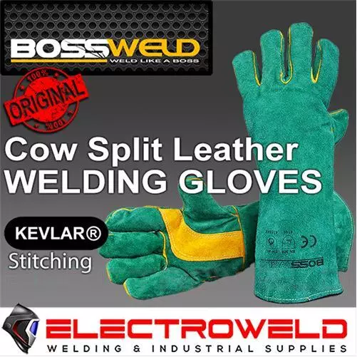 BOSSWELD Leather Welding Gloves, Long Gauntlet Heat Flame Resistant Mig, 700009