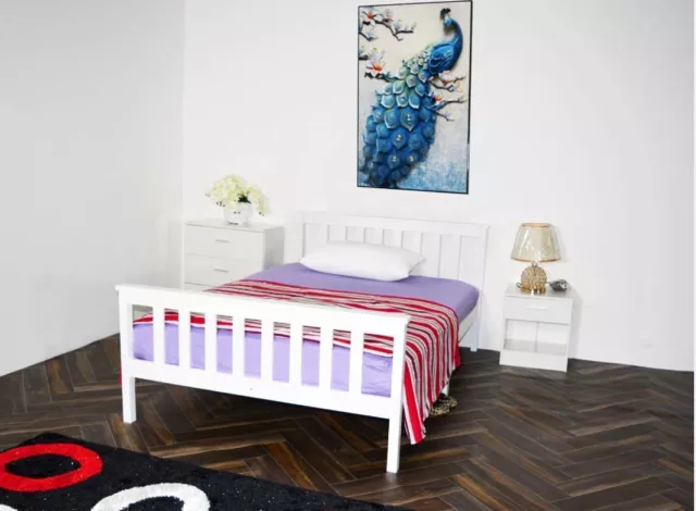 Pine Wood Solid White Wooden Bed Frame All Sizes With Gel Mattress Shaker Style